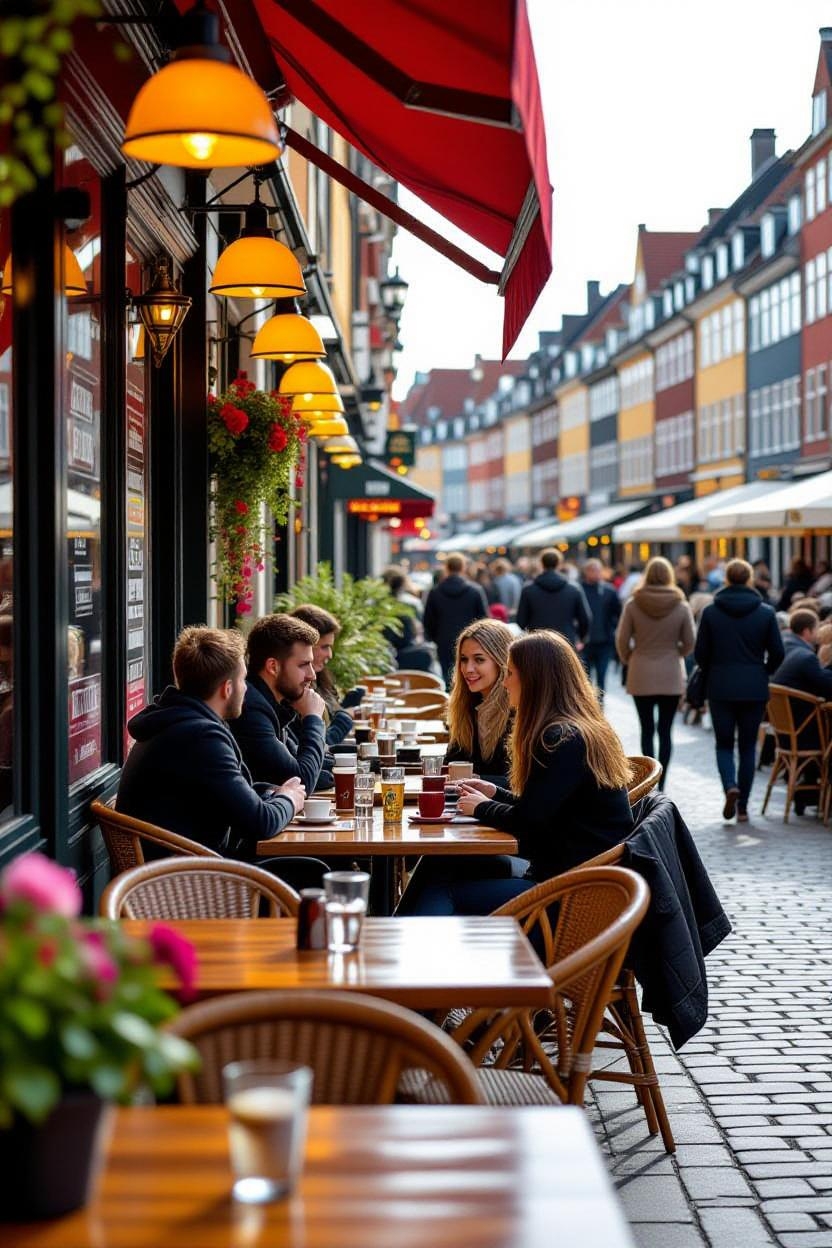 Cozy Copenhagen cafe scene with people enjoying coffee at outdoor tables under warm lighting in Nyhavn